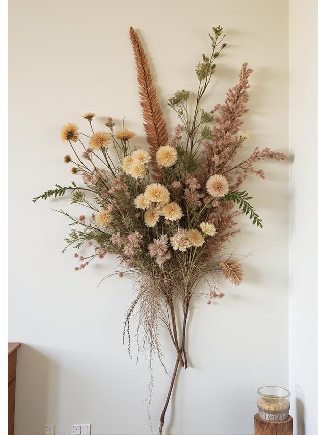 Instalasi bunga kering gantung di dinding