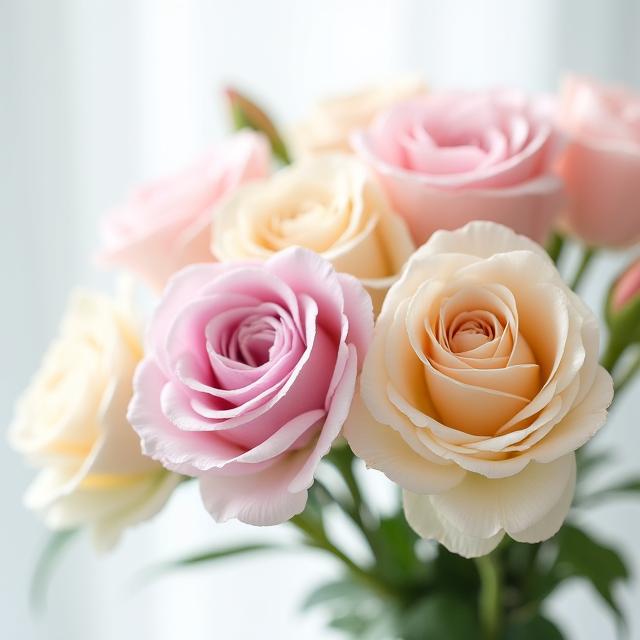 Jambangan bunga mawar dan eustoma berwarna pastel