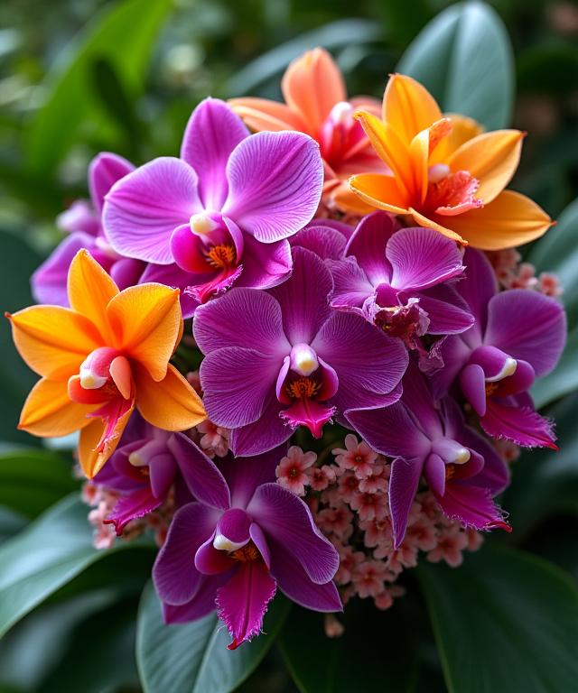 Jambangan bunga tropika terang dengan orkid