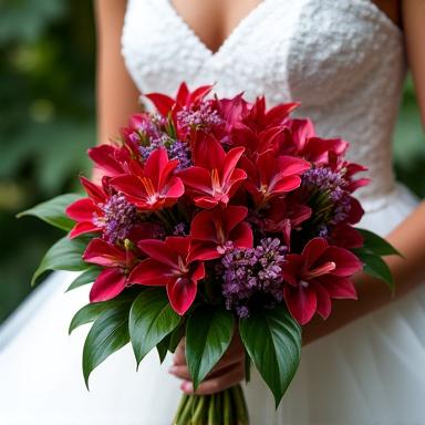 Buket pengantin dengan bunga tropika