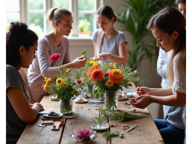 Peserta bengkel bunga sedang belajar menggubah bunga