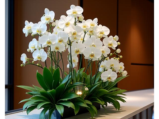 Hiasan bunga mewah untuk acara korporat dengan orkid dan dedaun hijau