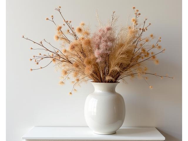 Pelbagai bunga kering yang digubah dalam pasu moden