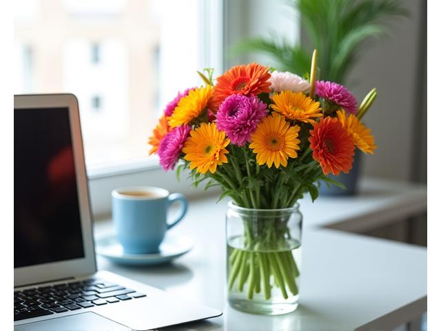 Meja pejabat dengan gubahan bunga segar yang cerah