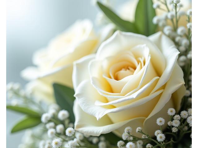 Bunga tangan pengantin yang cantik dengan bunga ros putih dan hijau